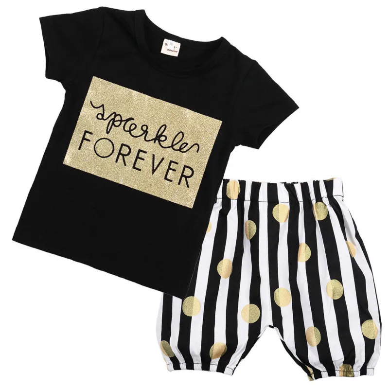 Summer 2017 New Children Kids Baby Girl Clothes Gold Letter T shirt