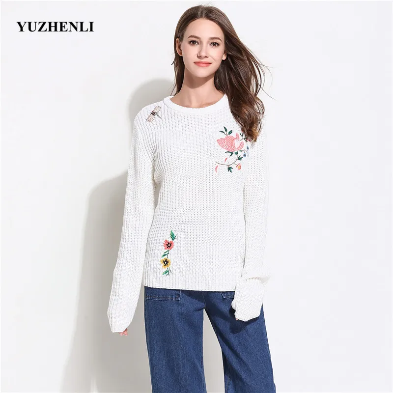 New Autumn Knitting Sweater Women Pullover White Embroidered Flower Bird Knitted Wool 2018 Fall Winter | Женская одежда