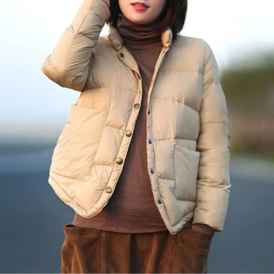 Пальто на утином пуху женский воротник-стойка светло 90% пуховое пальто осень зима однобортное теплое пушистое пуховое пальто в стиле хлеба wq 2477