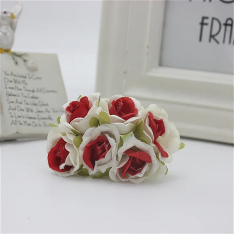 6 шт./лот, 2 см, шелковая градиентная Мини-Роза, искусственный цветок, букет для украшения свадьбы, сделай сам, венок, подарок, скрапбукинг, ремесло, цветок - Цвет: White and red