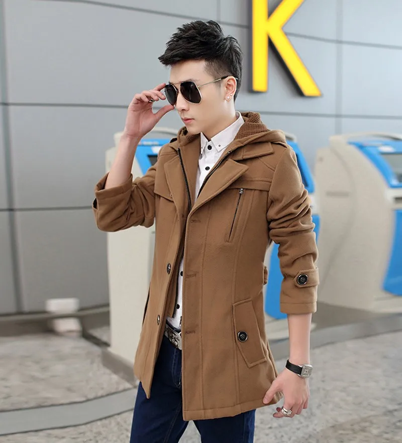 2017 новое поступление осенние и зимние стиль моды тонкий мужской короткий с капюшоном Съемная шерстяное пальто большие размеры M-4XL-