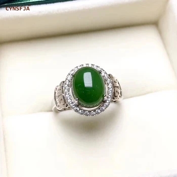 

CYNSFJA Real Certified Natural Hetian Jasper 925 Sterling Silver Handmade Amulets Jade Rings Green High Quality Resizable Gifts
