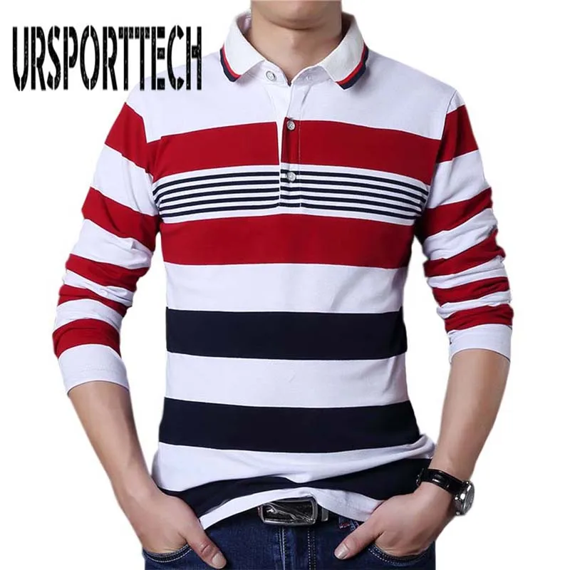 Casual Striped Polo Shirt Men Casual Slim Fit Solid Long Sleeve Autumn ...