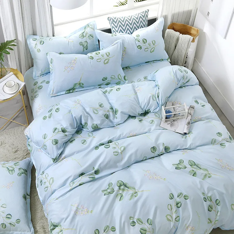 

4pcs/set Brief Style Comfortable Green Leaves Printing Family Bedding Set Bed Linings Duvet Cover Bed Sheet Pillowcases