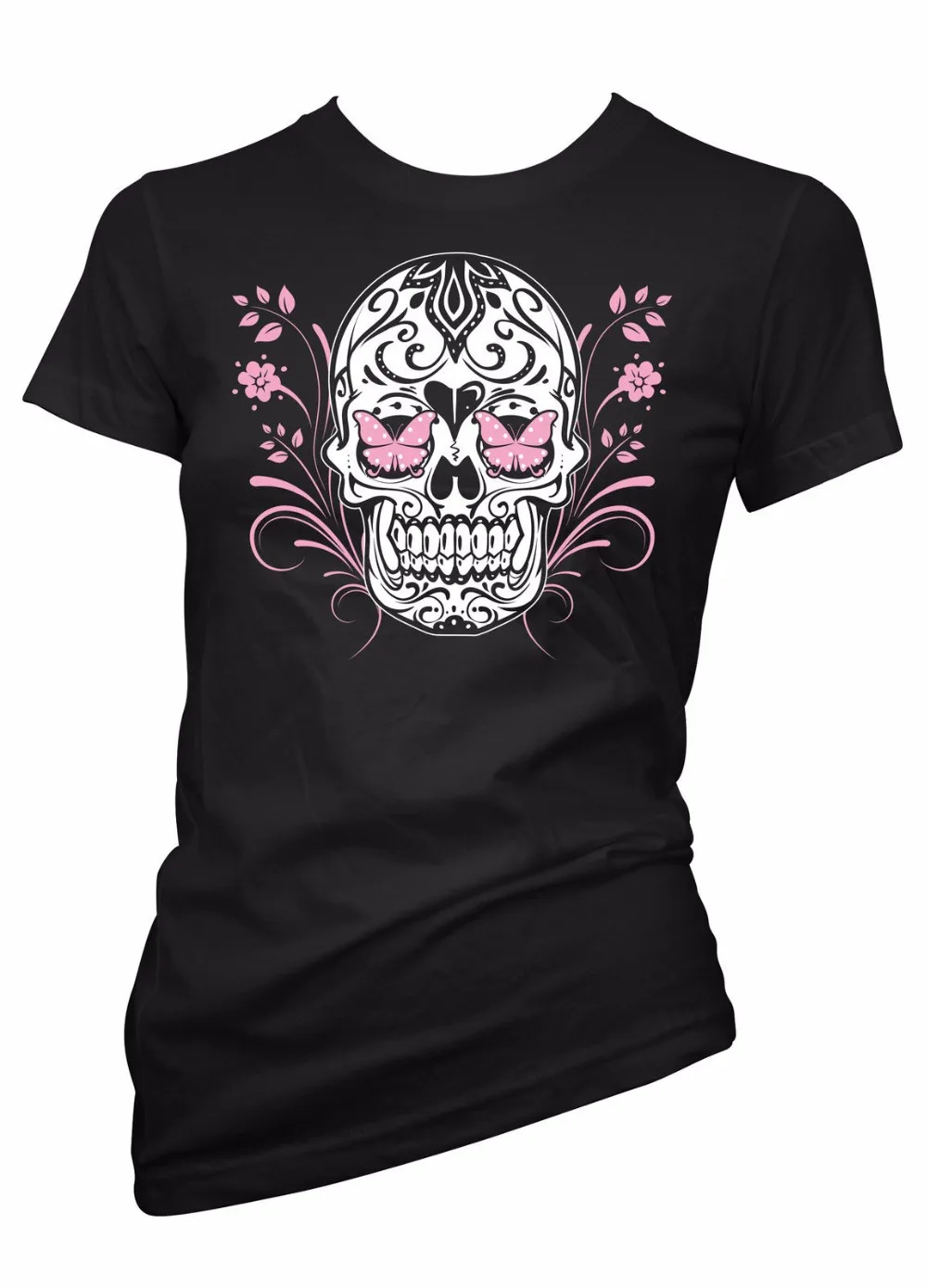 

Woman's summer T-Shirt 2019 Newest Letter Printing Rock Style Sugar Skeleton Butterfly Lady Tee Shirt O-Neck Cool Tops