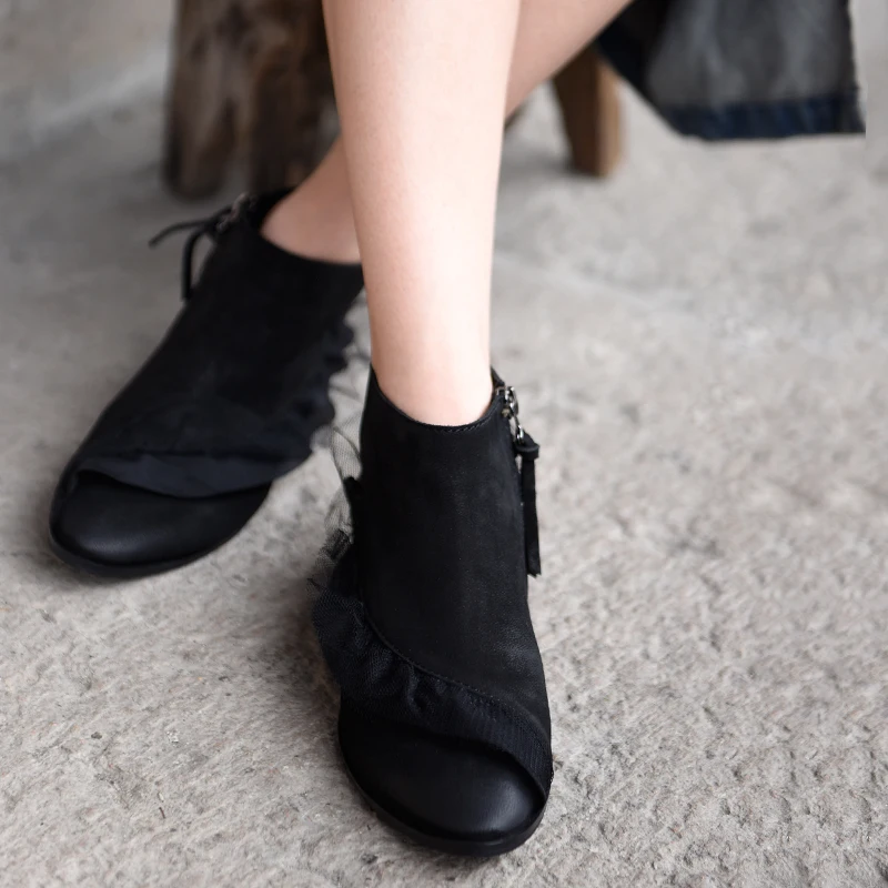 2019 Cuero Black Volantes Nuevo red Plana Zapatos Botas A Grúa Tobillo Artmu Señaló De Mujer Elegante Hecho Genuino Original F60822 Mano FH7qw0xv