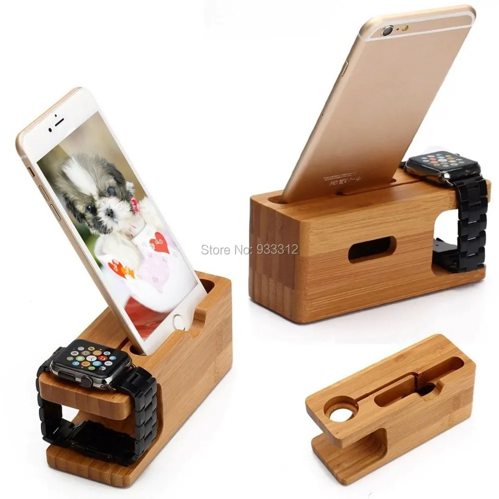 [Charging Dock] Dual Natural Bamboo Wood Charge Holder Station Cradle For Apple Watch iWatch 42mm38mm Samsung Galaxy and iPhone1