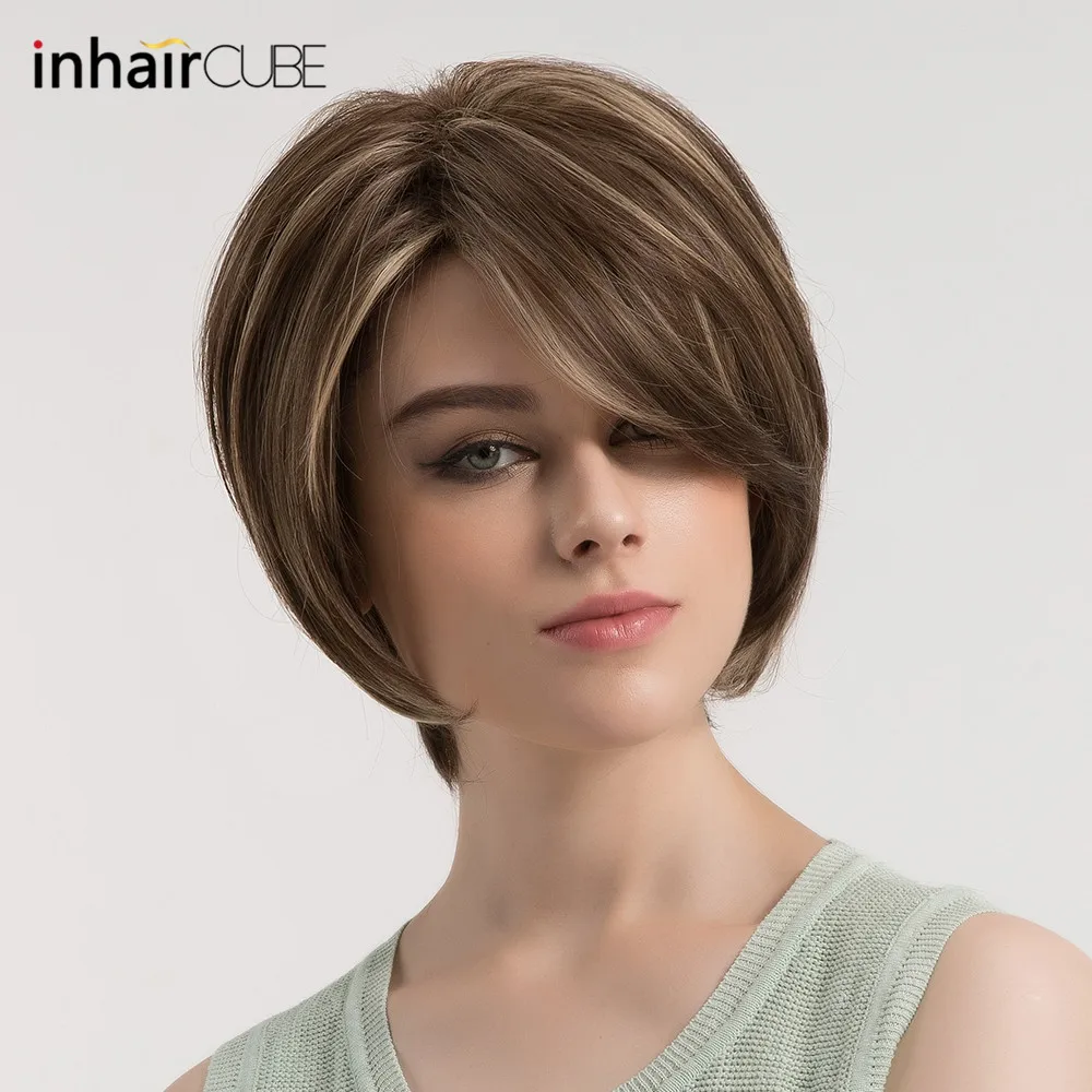 Esin Short Straight Hair Wig With Side Parting Dark Brown Hair Highlights Synthetic Fluffy Layered Haircuts Women S Wig