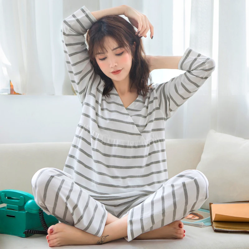 Spring New Fashion Soft Gray Striped Cotton Maternity Pajamas Comfortable Nursing Nightgown Breastfeeding Pregnancy Pyjama A324 Spring New Fashion Soft Gray Striped Cotton Maternity Pajamas Comfortable Nursing Nightgown Breastfeeding Pregnancy Pyjama A324