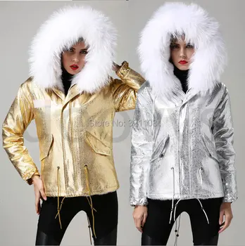 

2016 Mrs Winter Jacket Short Style Large Raccoon Fur Collar Slim Warm Hooded Coat Mrs GOLD and sliver leather faux fur Jacket