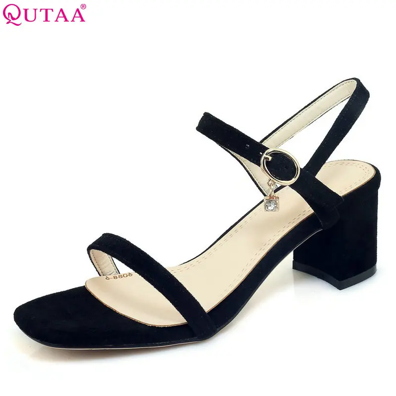 

QUTAA 2018 Women Sandals Square High Heel Fashion Women Shoes Platfrom Flock Black Square Toe Women Sandals Size 34-42