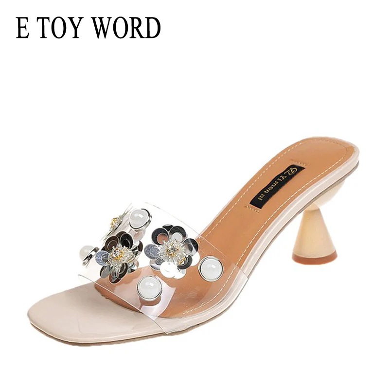 

E TOY WORD Thick heel slippers Fashion Transparent Shoes Outdoor Women Rhinestone Open Toe High Heel Slippers Women Summer 2019