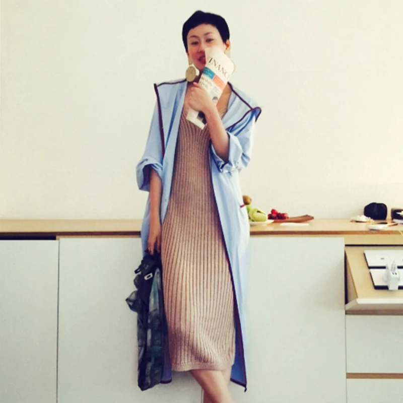

STH310 New Arrival 2017 loose casual color block side slits hooded long sleeve maxi oversized trench coat women