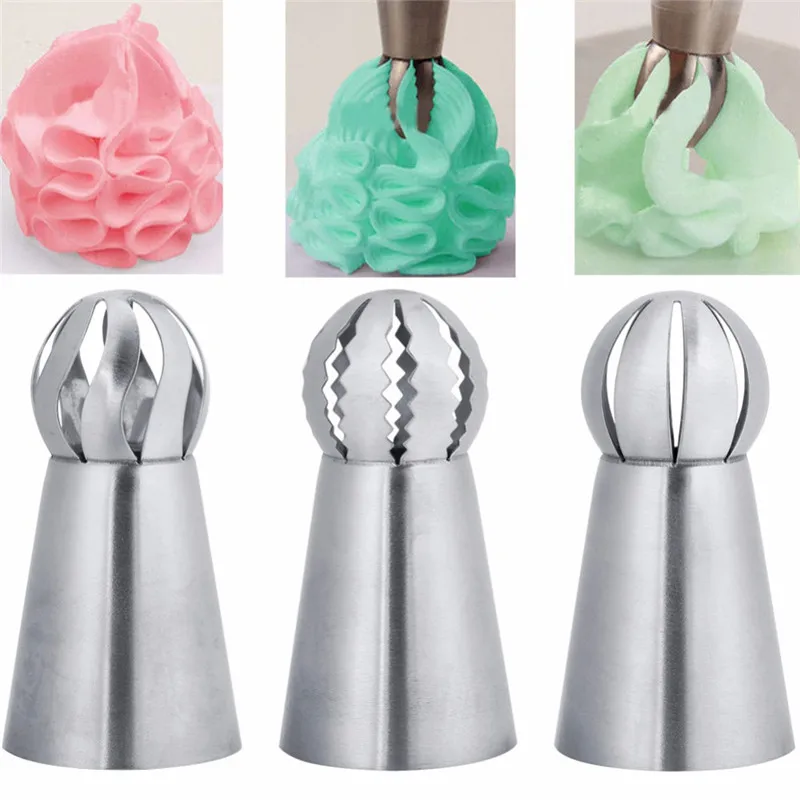 

Spherical 3PCs/Set Cake Icing Nozzles Russian Piping Tips Lace Mold Pastry Cake Decorating Tool Stainless Steel Kitchen Baking P