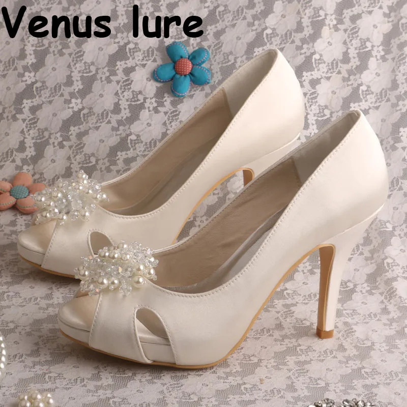 White Ivory Wedding Bridal Shoe Clips Pearl Platform High Heel Shoes