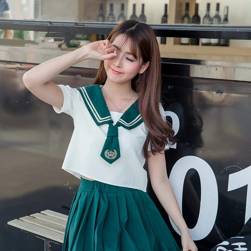 Школьная командная форма плиссированная юбка зеленый моряк костюм костюмы для женщин Япония корейский студент девочки двухсекционный