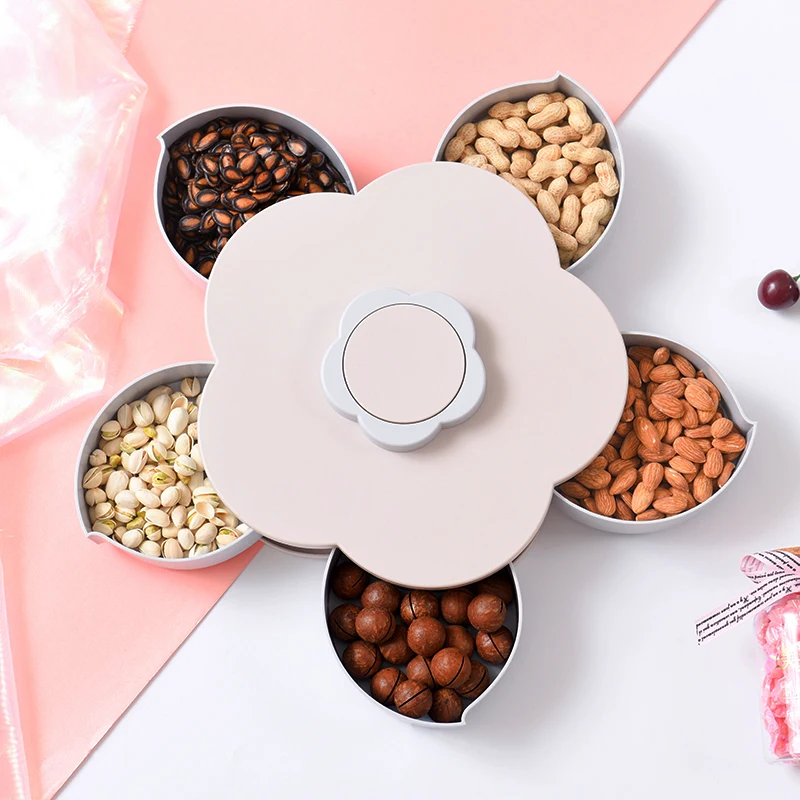 

Flower shape five grids dried fruit box plastic with lid candy storage box Household rotating snack peanuts plate mx12291359