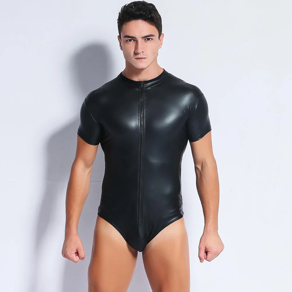 Black Sexy Men S Leather Bodysuit Pu Latex Catsuit Men Sexy Lingerie Patent Leather One Piece