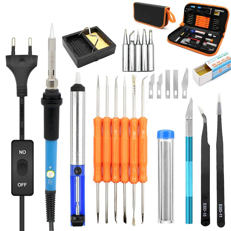110V 220V 60W adjustable temperature electric iron set soldering iron head welding repair tool tweezers carving knife L78