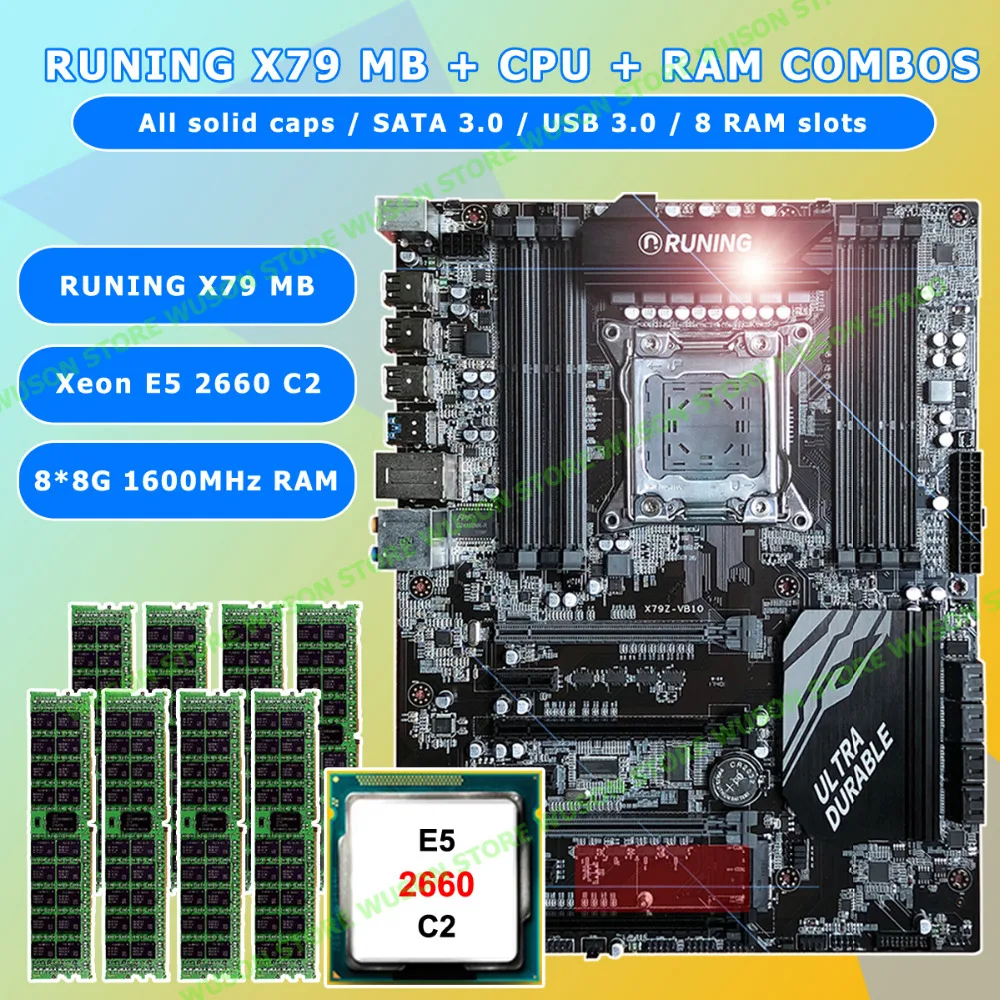 ^*Best Offers New!!Runing Super ATX X79 LGA2011 motherboard 8 DDR3 DIMM slots max 8*16G memory Xeon E5 2660 C2 CPU 64G(8*8G)1600MHz DDR3 RECC