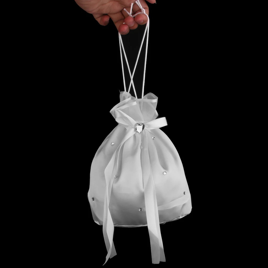 Wedding Bridal Flower Girl Drawstring Dolly Bag Crystal White Satin Handbag FOR Home Decoration