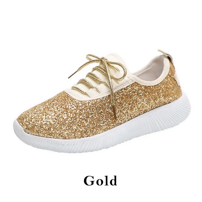 Vertvie/женские кроссовки; летний сияющий блеск; блестящая обувь с блестками; цвет золотистый, Серебристый; женские повседневные блестящие туфли; большие размеры 43 - Цвет: Gold
