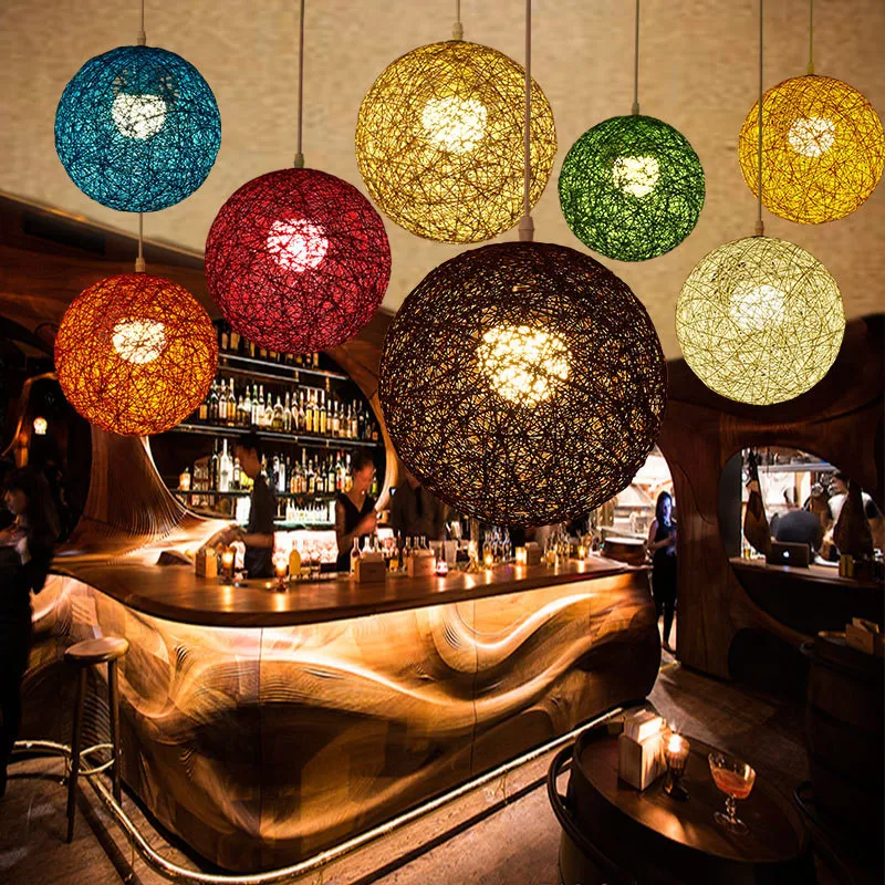 

Minimalist rattan pendant lamp colorful ball hanging light for bar cafe clothing store retro rural rope wicker light fixture