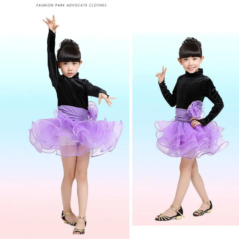 Бальное платье для латинских танцев с длинными рукавами для девочек; костюм платье-пачка для выступлений