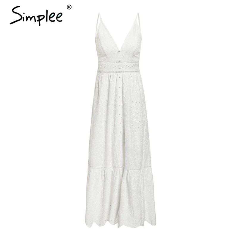 Женское летнее кружевное длинное платье Simplee, на бретелях, элегантное сексуальное повседневное белое платье макси на пуговицах, с V-образным вырезом - Цвет: White 2