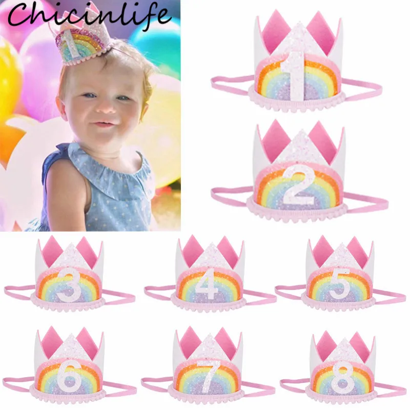 Chicinlife, 1 шт., для 1-8 лет, радужная повязка на голову с короной на день рождения, шапки принцессы для первого дня рождения, шляпа, аксессуары для волос для девочек