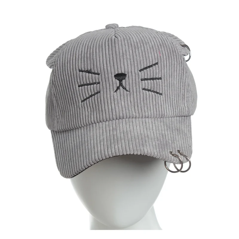 

Baseball cap For Women Child Fashion Lovely cat Embroiderycat Baseball cap stripe Iron ring pendant Fashion Lovely Hip Hop Hat