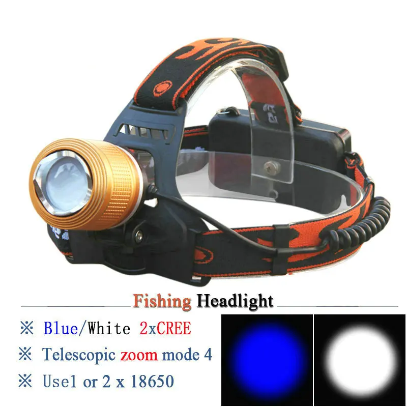 Налобный фонарь 18650, двойной светильник, светодиодная вспышка, светильник Linterna, налобный светильник для рыбалки, 2000 люмен, синий светильник Q5