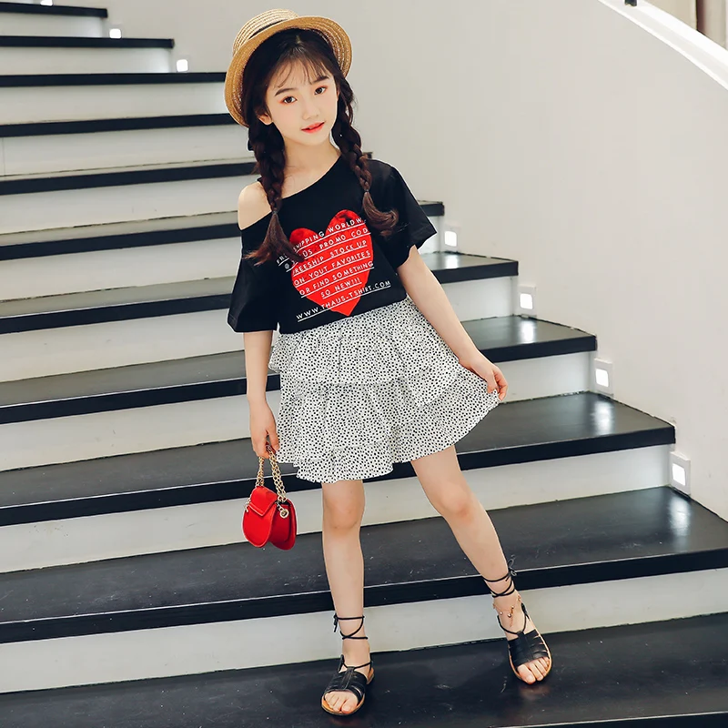 

2019 Summer Toddler Girls Outfits Teenage Kids Clothes Suits Off The Shoulder T-shirts + Skirt 2pc 7 10 12 Kinderkleding Meisjes