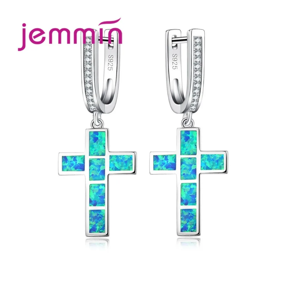 

Jemmin European Simple Blue Fire Opal Stone Cross Dangle Earrings For Women Fine 925 Sterling Silver Drop Earring For Wedding