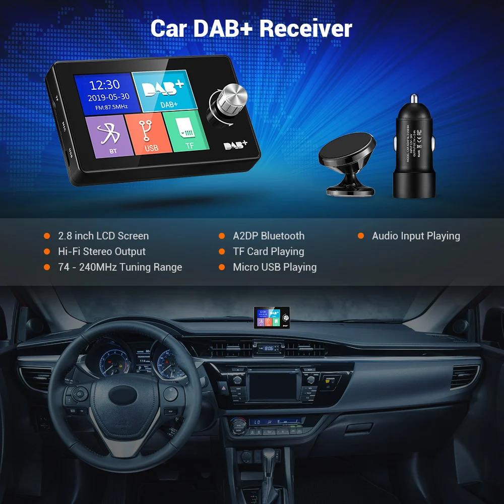 2,8 ''автомобильный DAB+ приемник USB 5V ЖК-дисплей DAB тюнер Bluetooth FM радио аудио Вход USB TF карты с 3 м антенна для Android Автомобильный MP3-плеер
