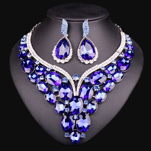 

New Luxury Gold Color Blue Crystal Dubai Bridal Jewelry Set For Brides Necklace Earring Wedding Party Accessories For Women
