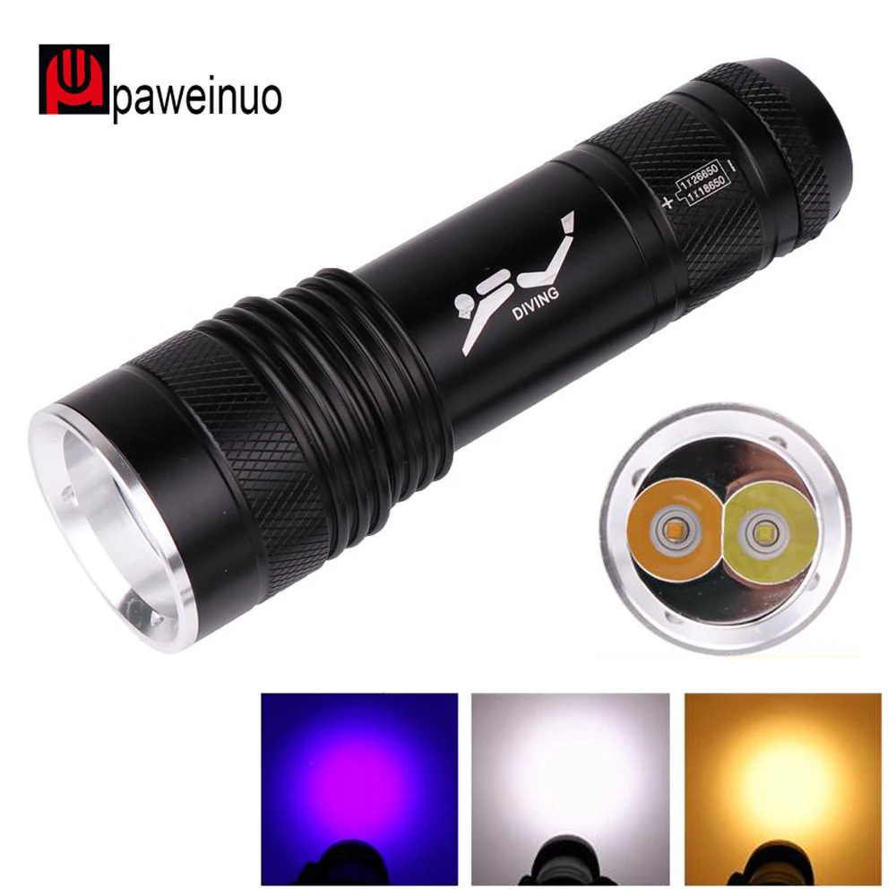 

Diver Diving Flashlight underwater 100 m 18650 or 26500 white yellow uv light diving light XML-2 T6 led torch lanterna dive led