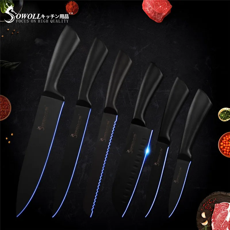 

Sowoll Economical Kitchen Knife Set New Designed Stainless Steel Kitchen Knives Set with Knife Stand Sharpener Rod Accessory