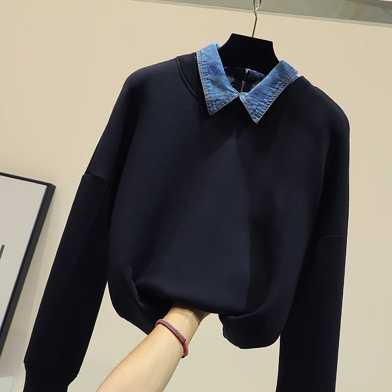 

2019 New Spring Autumn Fashion Black Women Tops All-match Denim Turn Down Collar Faux Two Piece Sweatshirts Students Hoodies