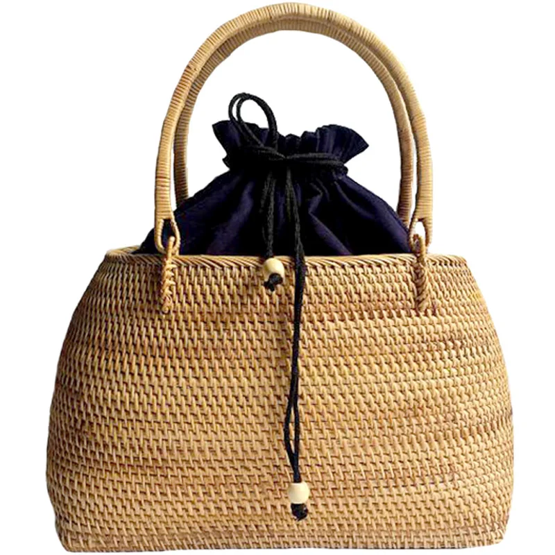 

AUAU-Women Vintage Straw Bag Female Handmade Weave Handbag Bohemian Ladies Rattan Basket Travel Summer Beach Drawstring Tote