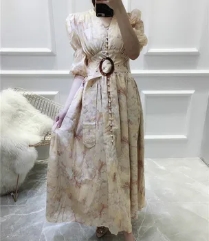 

Runway Women Maxi Long Dress Sashes Printed V-neck 2019 Summer Half Lantern Sleeves Dresses High Quality Feminine Button Vestido