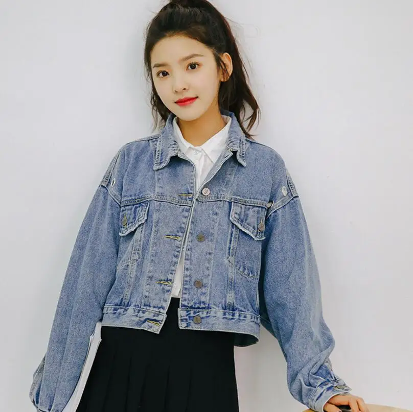 2018 Spring Korean Women Bomber Denim Jacket Vintage Cropped Short