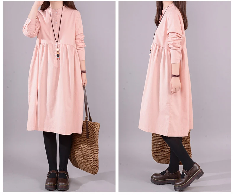 9521 Oversize Dresses Women Long Sleeve Elegant Loose Casual Dress Large Size Solid Button Vintage Cotton Linen Dress Vestidos Mujer 5