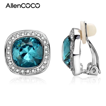 

AAA+ Top Square Crystal No Ear Hole Earrings Silver Color Blue Crystal With CZ Clip Earrings for Women Luxury Jewelry