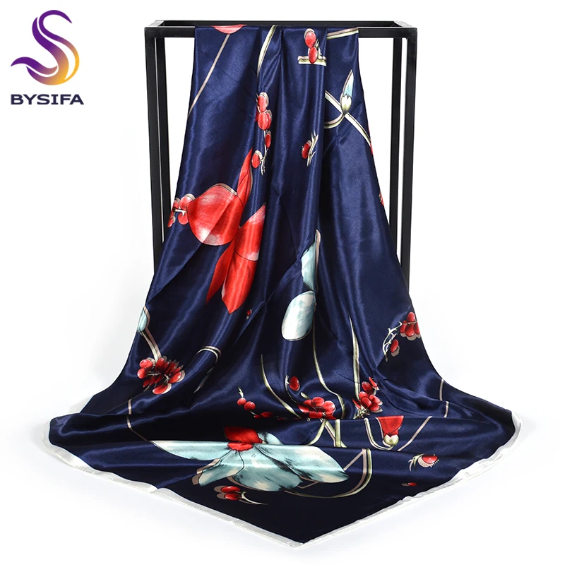 

[BYSIFA] Women Navy Blue Satin Square Scarves Wraps New Brand Silk Scarf Shawl Spring Fall Floral Ladies Neck Scarf Cape 90*90cm