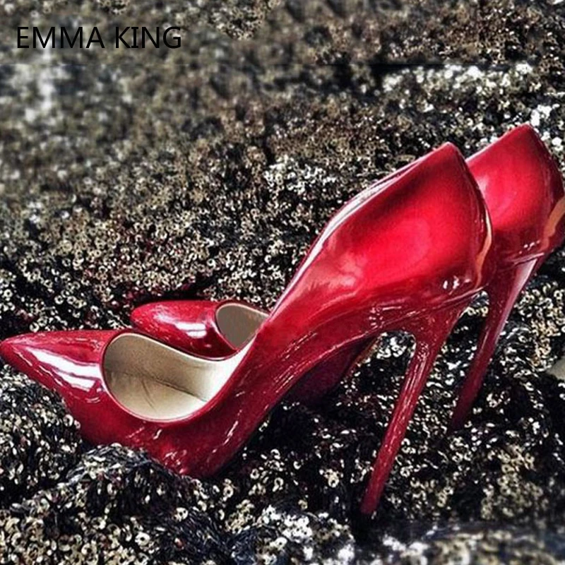 

Red High Heels 12cm Pointed Toe Patent Leather Slip On Pumps Women Sexy Stiletto Heels Shoes Summer Shallow Party Ladies Shoes