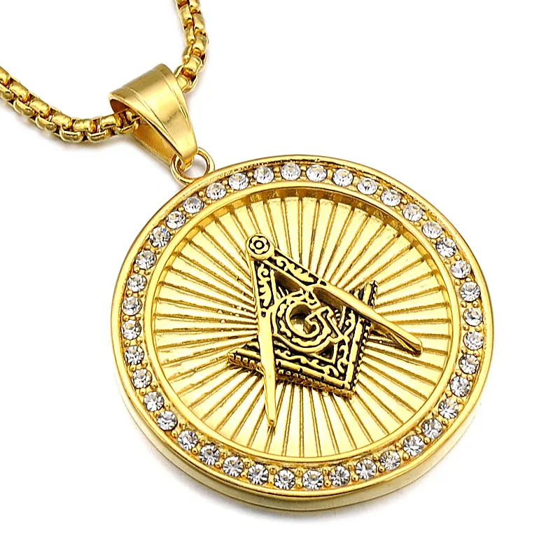 Хип хоп Золото Цвет Титан Нержавеющая сталь Iced Out Bling масонской Mason масонство подвески ожерелья для мужчин ювелирные изделия - Окраска металла: Золотой цвет
