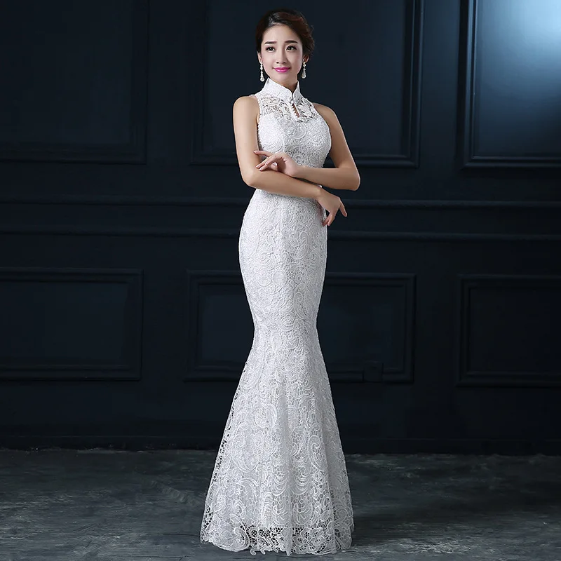 Qipao белый Кружева Cheongsam современный китайский традиционный свадебный платье для женщин восточные воротники сексуальное длинное Qi Pao вечернее платье русалки