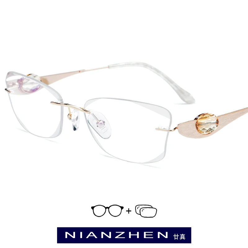 

Wire Titanium Eyeglasses Frame Women Luxury Diamond Trimming Cut Rimless Myopia Optical Prescription Glasses Frame Eyewear 7715