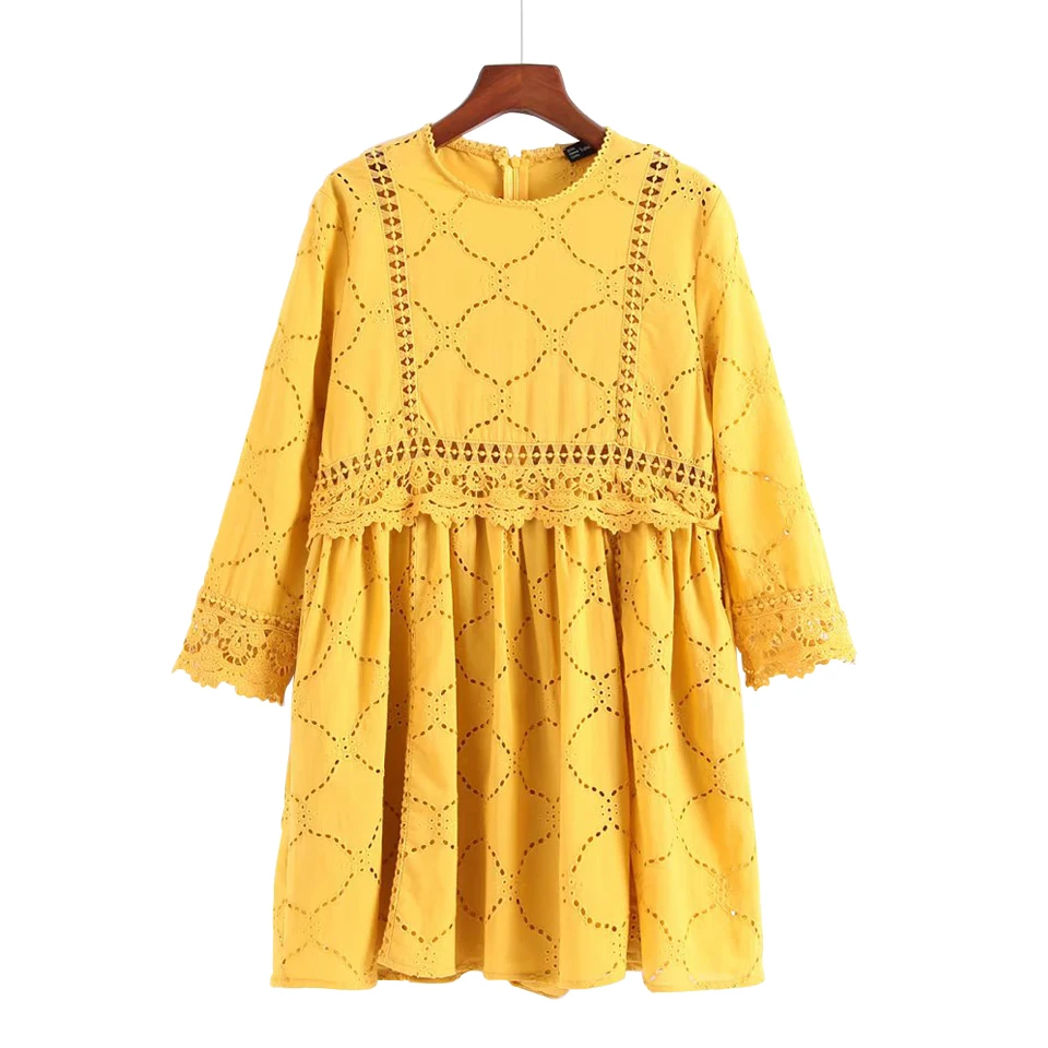 

Women Summer Lace Yellow Dress Hollow Out Half Sleeve High Waist O-Neck Dresses Female Embroidery Elegant Party Dress vestidos